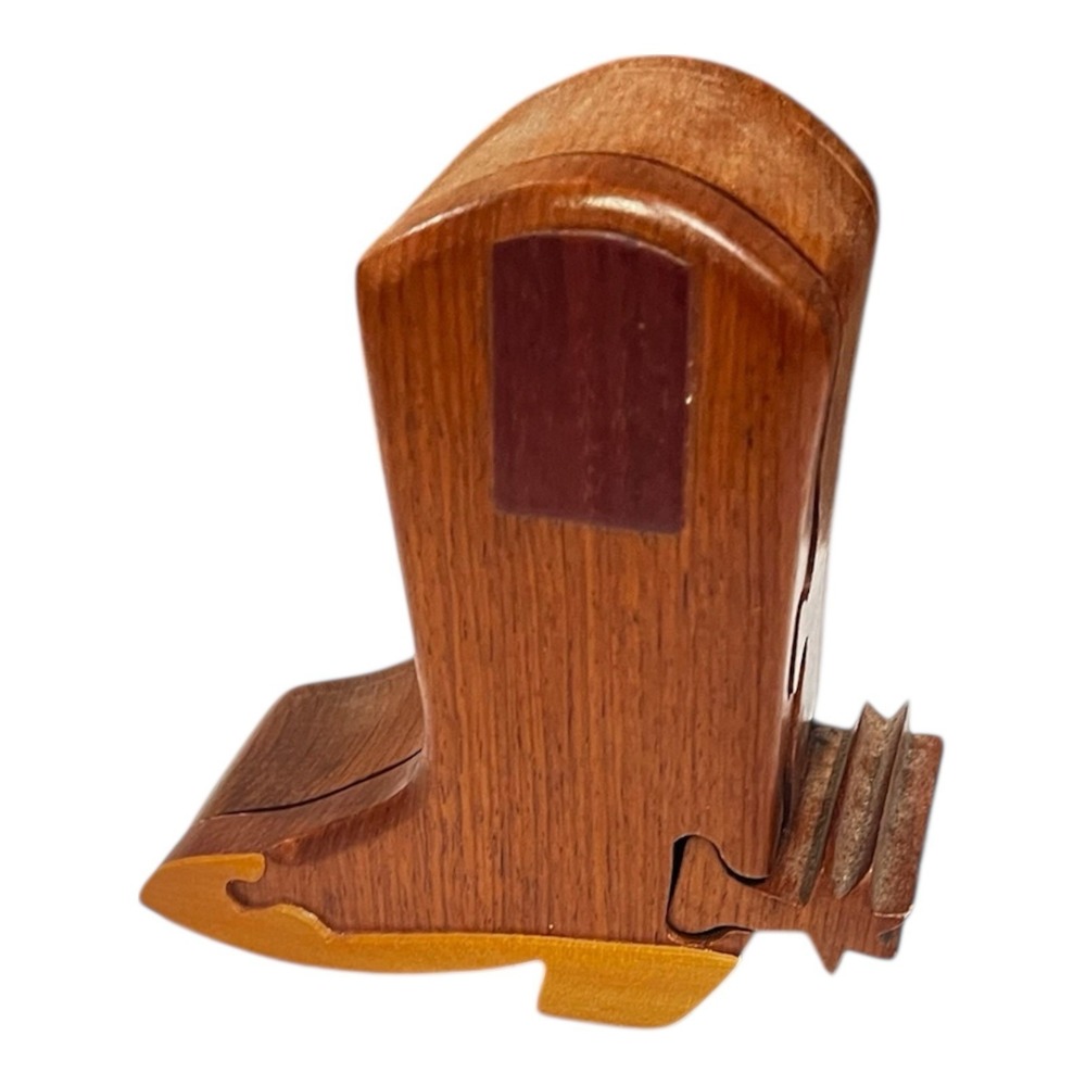 Handmade Carved Wood Cowboy Boot with Spur Puzzle Trinket Box Lined
